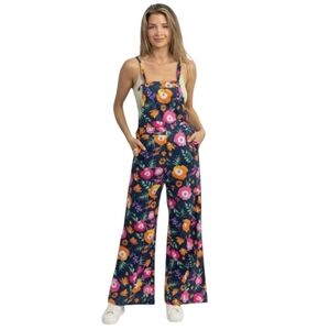 &Merci Gina Print Overalls Navy Vibrant Floral Print Cotton Pockets